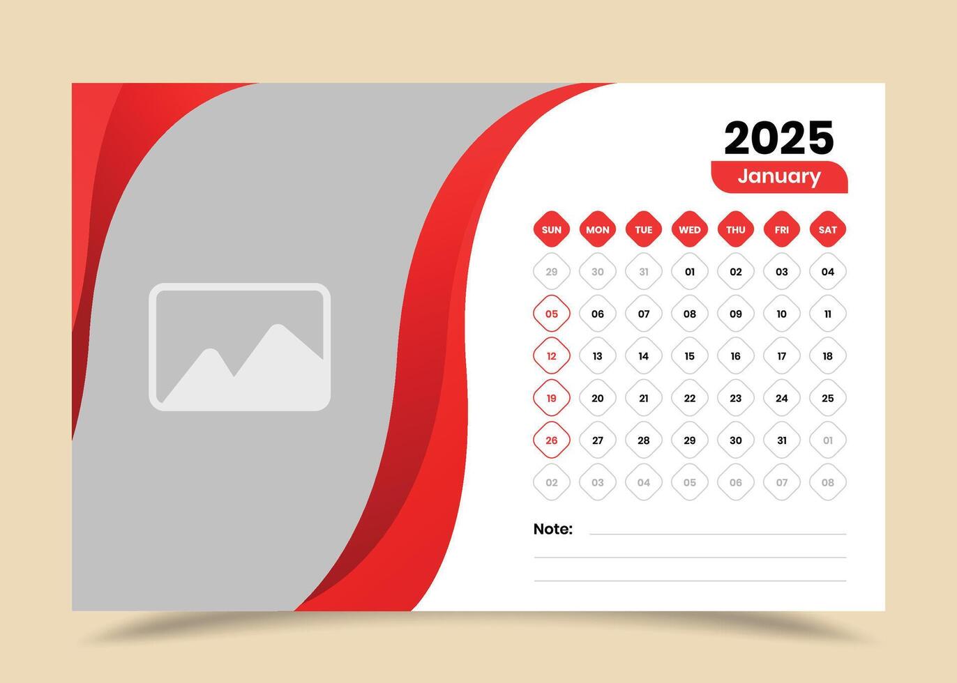 Simple desk calendar template for january 2025 with image placeholder vector