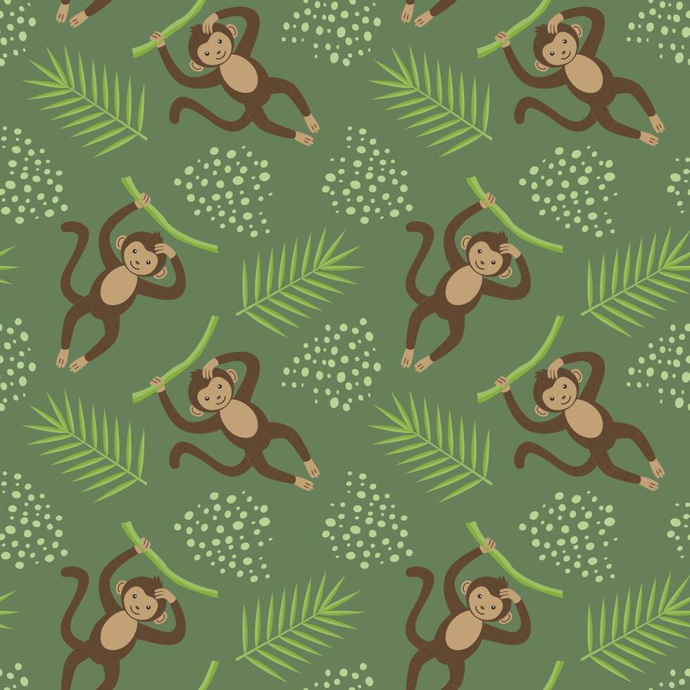 Funny monkey on a green background with leaves and dots. vector