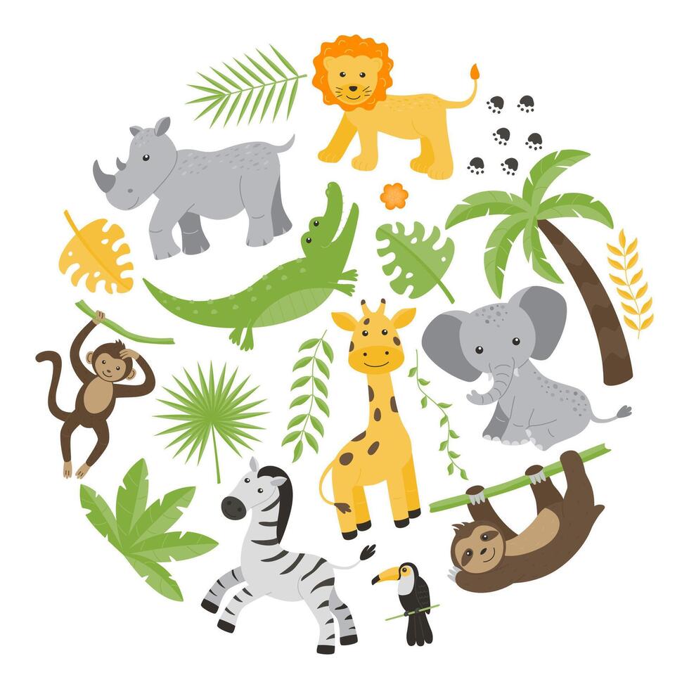 Children's background. Jungle animals and plants in a circle. vector