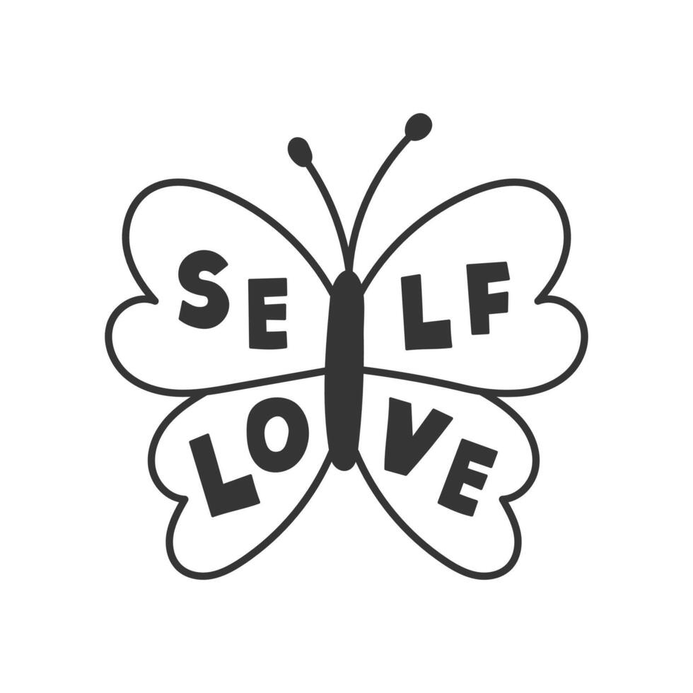 Butterfly with Self Love Inscription Doodle vector
