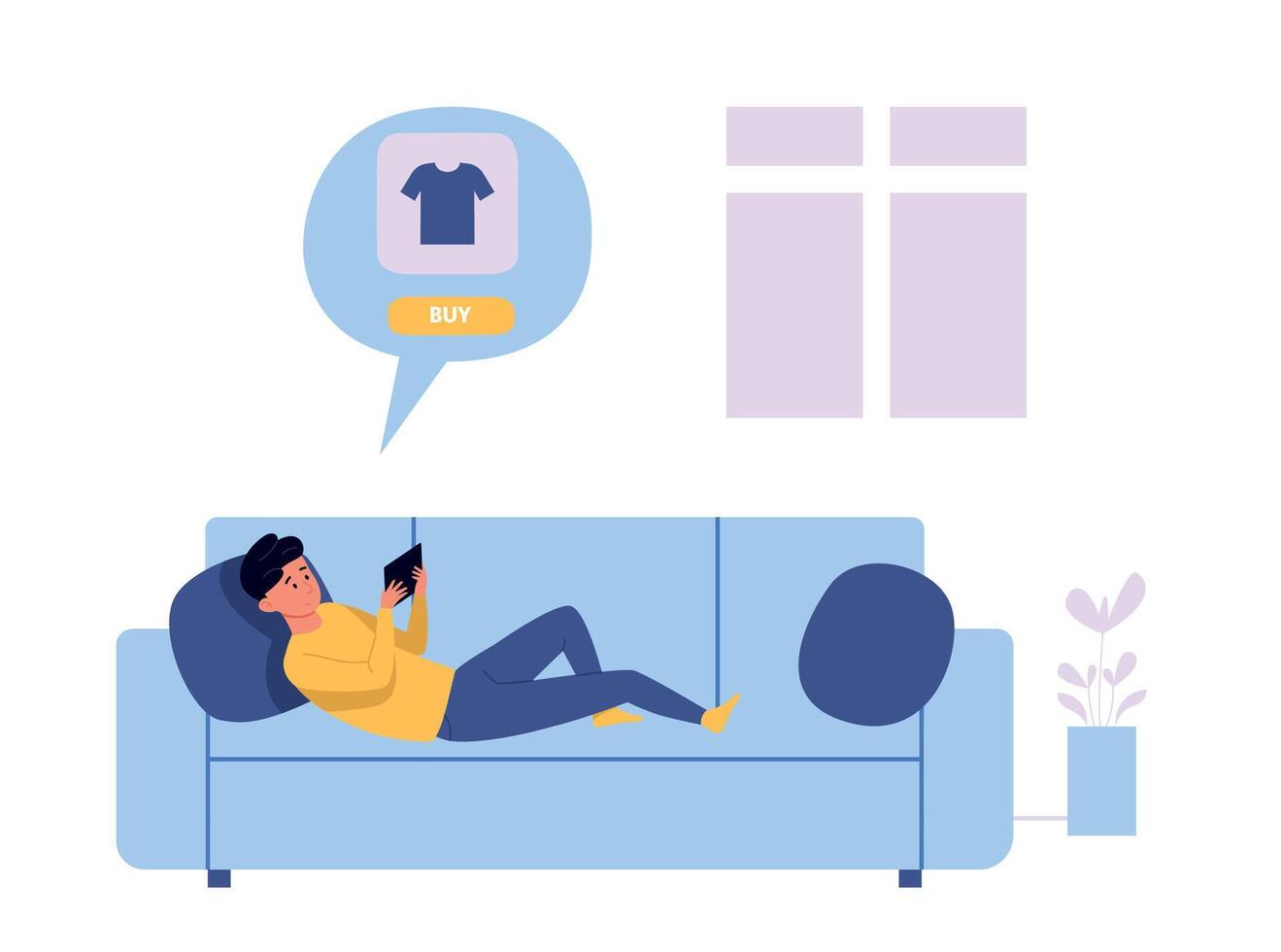 Online shopping from home. Website design template for clothing store with home delivery. Young man laying on sofa and ordering t-shirt and products. illustration for poster banner and website vector