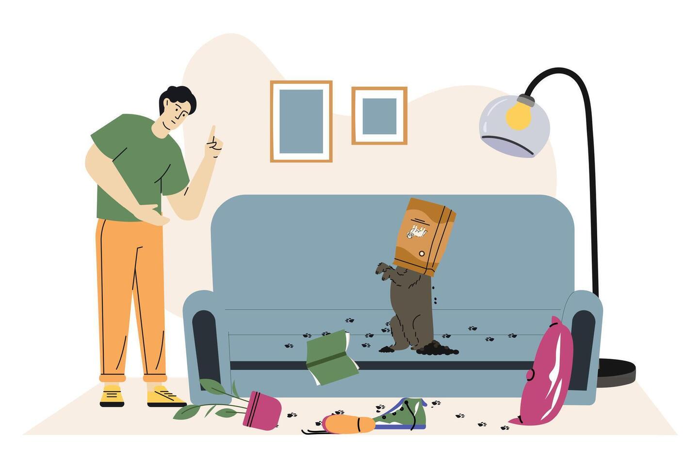 Dog bad behavior. Muddy naughty dog sits on dirty sofa in front of upset owner. Damaged house interior and home plants. Pets behavior problems and disobedient animal training concept vector