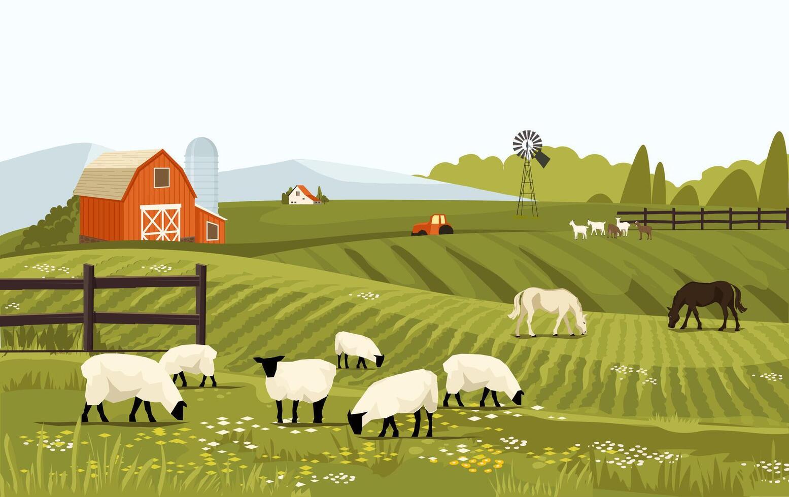 Rural spring landscape countryside with farm field with green grass, flowers, trees. Farmland with house and windmill. With farm animals horse and sheep. Outdoor village scenery. background vector