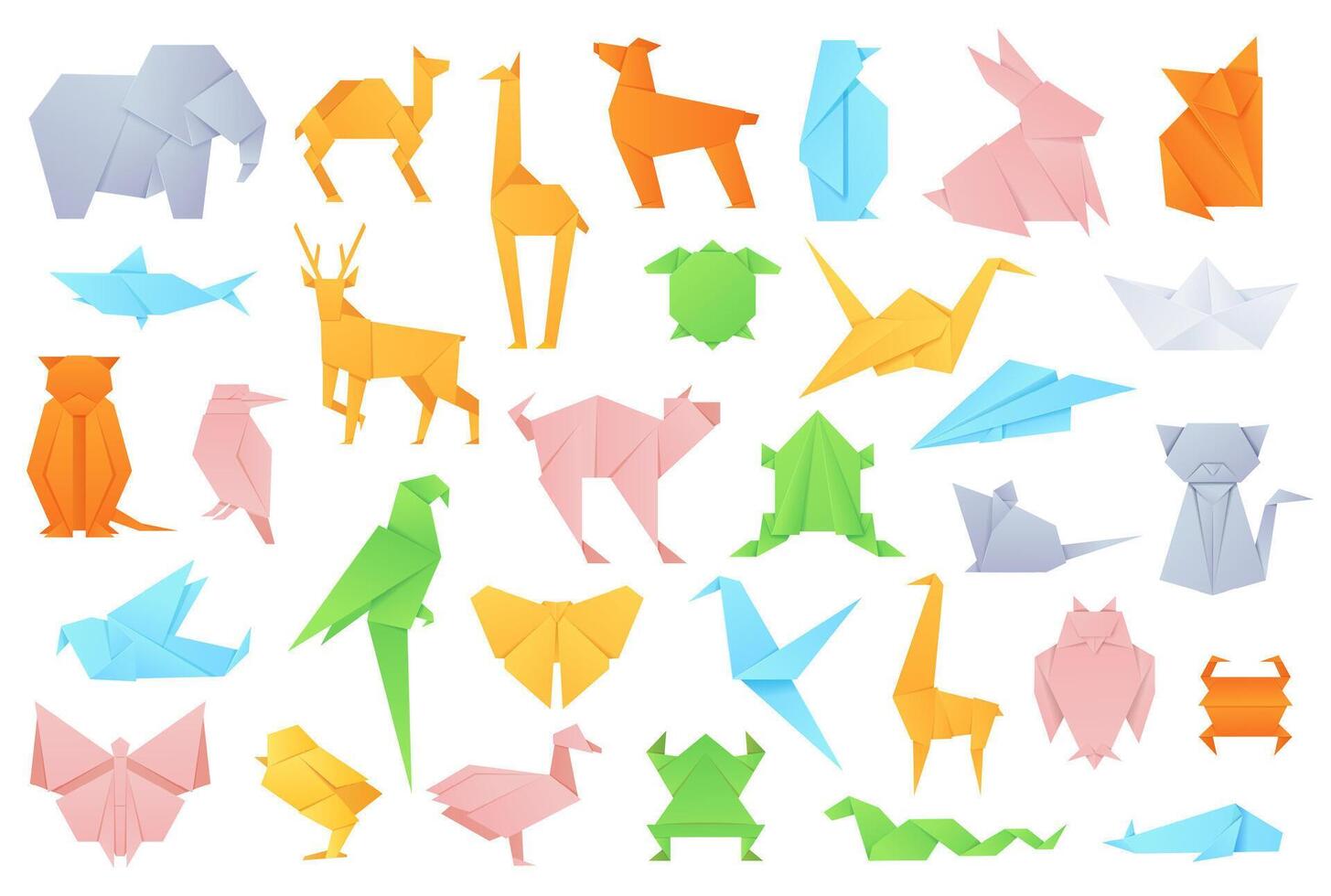 Origami animals. Geometric folded shapes for japanese game paper boat and fox, crane and fog, cat and elephant, rabbit. Crafting hobby set. Deer paper and whale, snake and butterfly vector