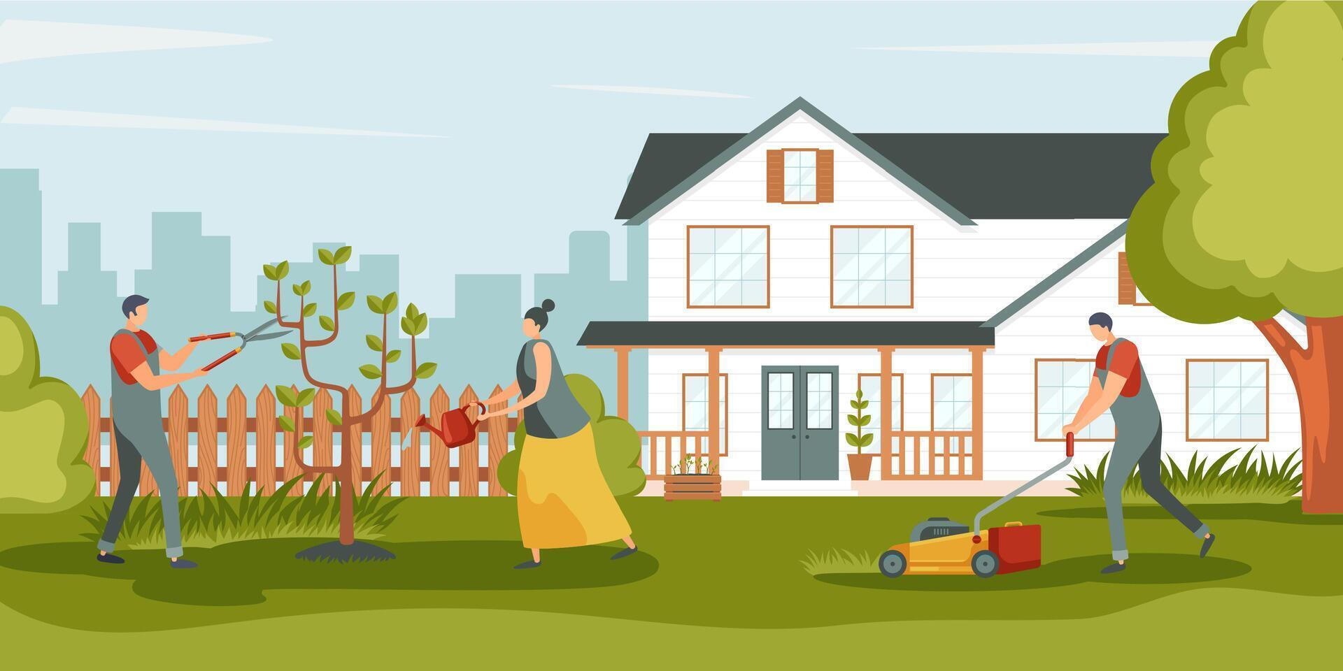 People gardening. Young man and woman care about garden, watering and cutting tree and grass. Characters growing saplings. Green environment. Flat illustration vector