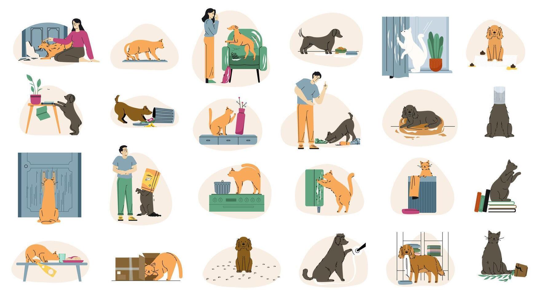 Pets bad behavior. Naughty dog and cat behavior, canine problem activities. Doggy chewing, damage home interior and things. Troubles in pet animals life. Flat set isolated on white background vector