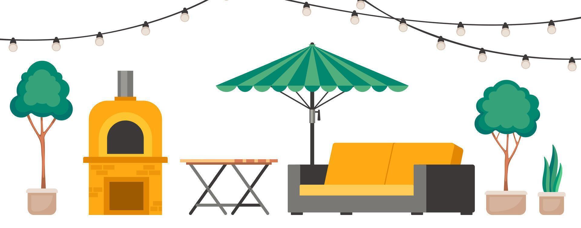 Cozy backyard with vintage cone fireplace and plants in pots House patio with furniture for picnic and sun umbrella with barbecue, green tree. Summer landscape of yard. cartoon illustration vector
