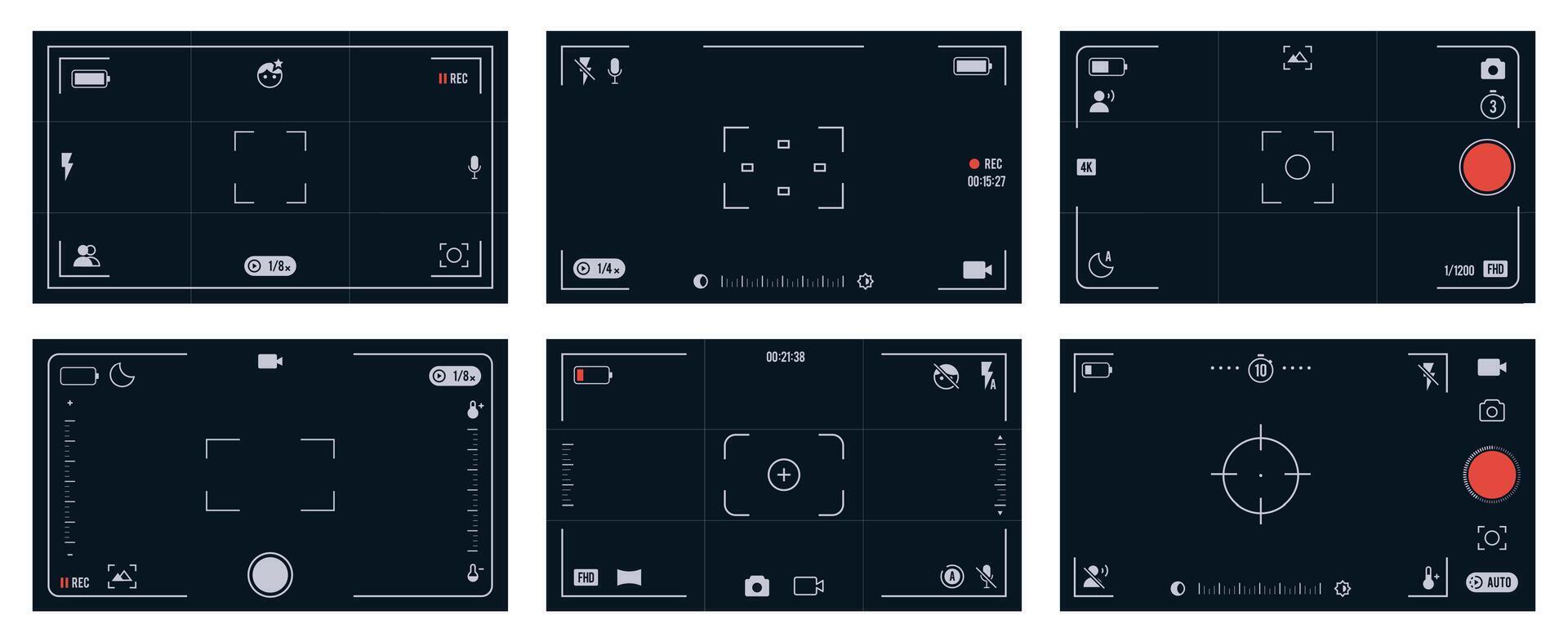 Mobile camera viewfinder. Smartphone viewfinders screen mobile camera with photo and settings, grid, grid, focus, exposure, zoom and flash icons. overlay for phone camera viewfinder vector