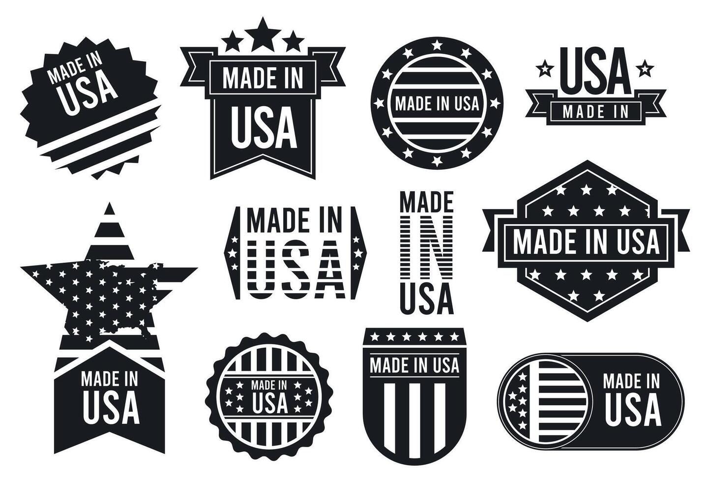Made in USA labeling set. Collection of label made in USA. American product and patriotic symbols. United State quality emblem with star striped national flag. badges and banners vector