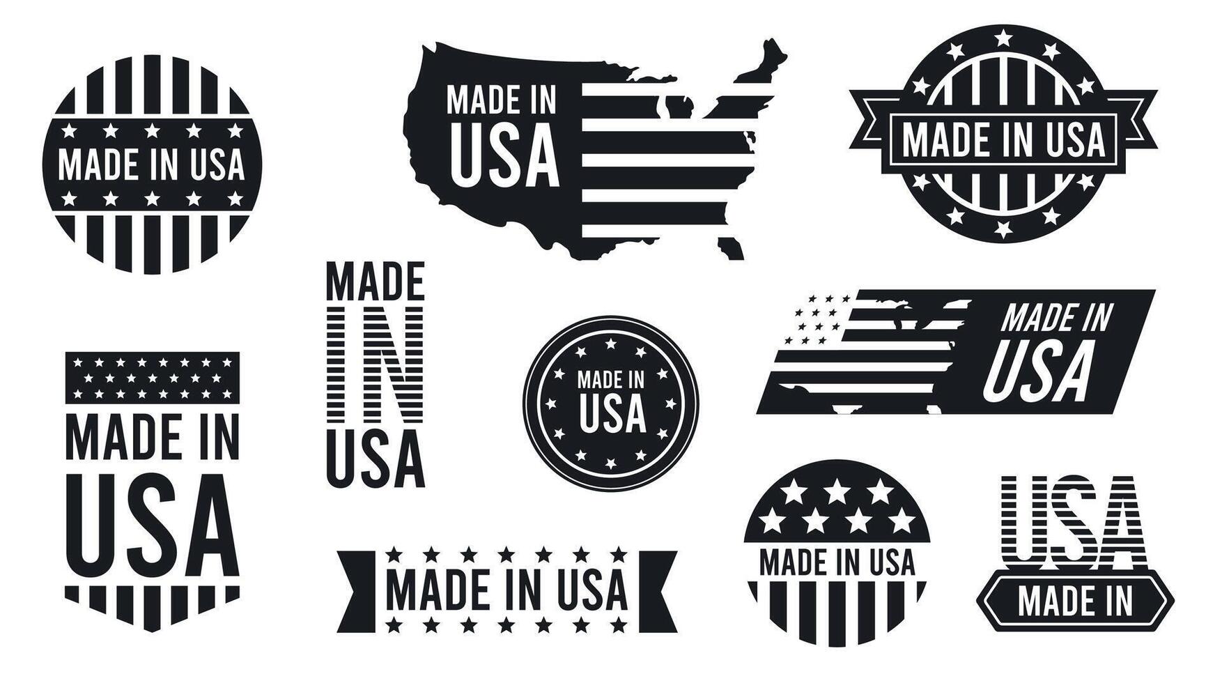 Made in USA labels. Black and white Made in USA sticker design. American product and patriotic symbols. United State quality emblem with star striped national flag. badges and banners vector