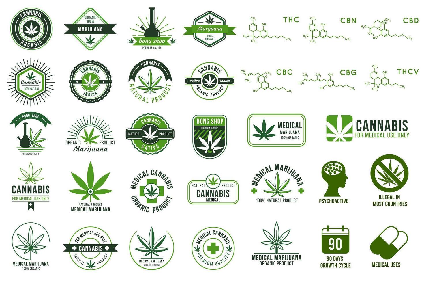 Medical cannabis emblems, marijuana leaf labels, hashish manufacturing logo premium templates green cannabis big set vector