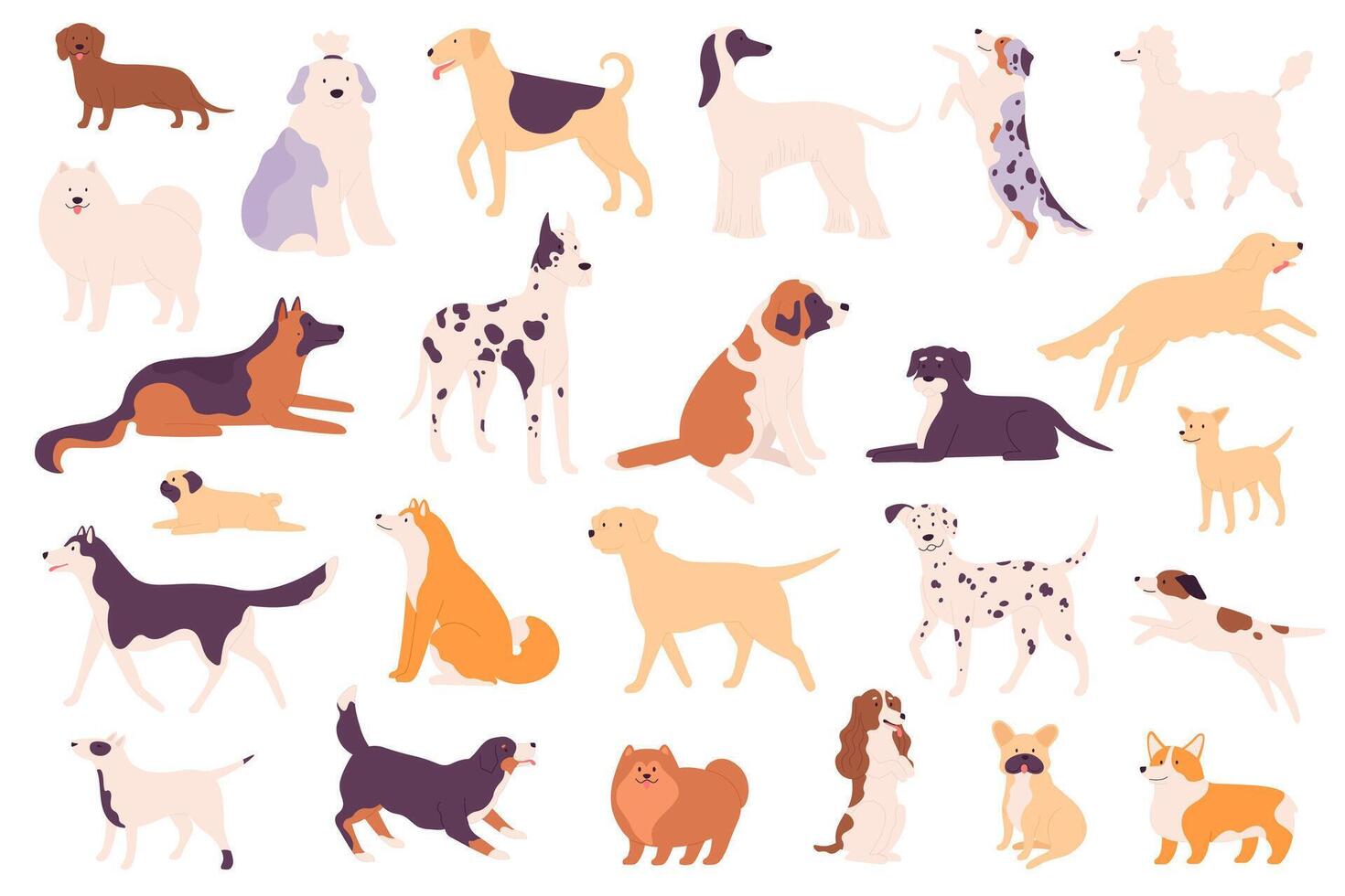 Simple dogs. Different dog breeds including a Shiba Inu, Poodle and Bulldog, Shih Tzu and Chow Chow, Dachshund and Wiener, German Shepherd and Labrador puppy pets set isolated vector
