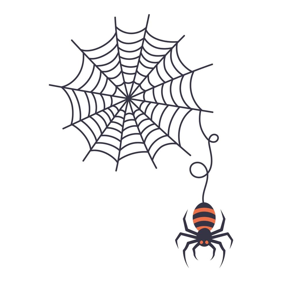 Black spider and torn web. Web weaving, halloween symbol. Isolated on white illustration vector