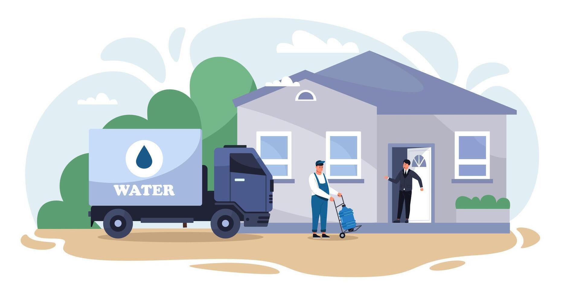 Water delivery. Clean drinking water service. Smiling man in uniform carrying plastic bottle to customer. Delivery truck. Water delivery service concept vector