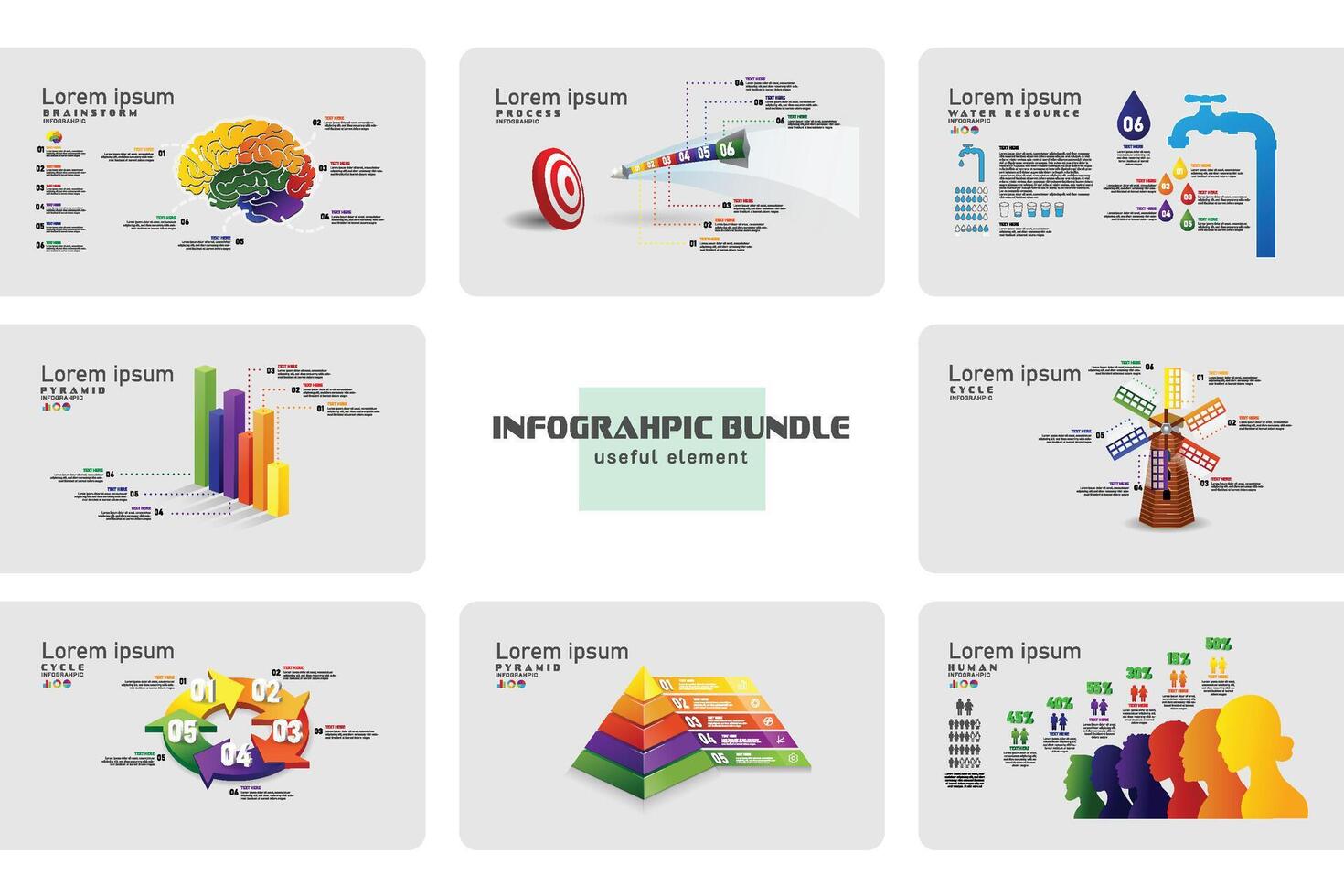 Infographics Bundle presentation templates, Brainstrom, process, resource, analytics, barchart, human colorful elements vector