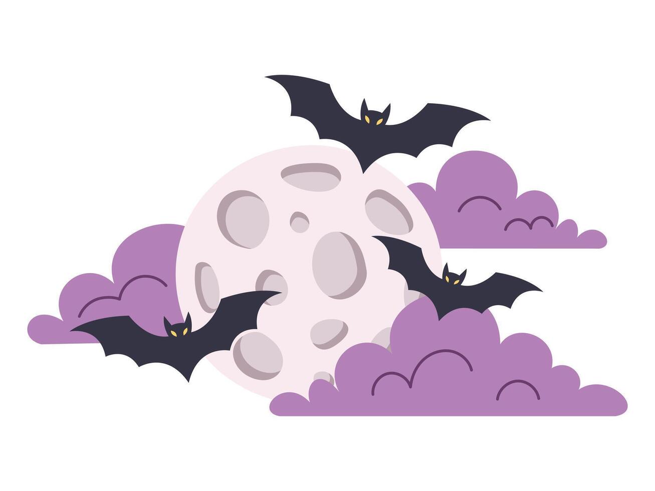 Moon peeking out from behind clouds, bats. Halloween illustration. vector