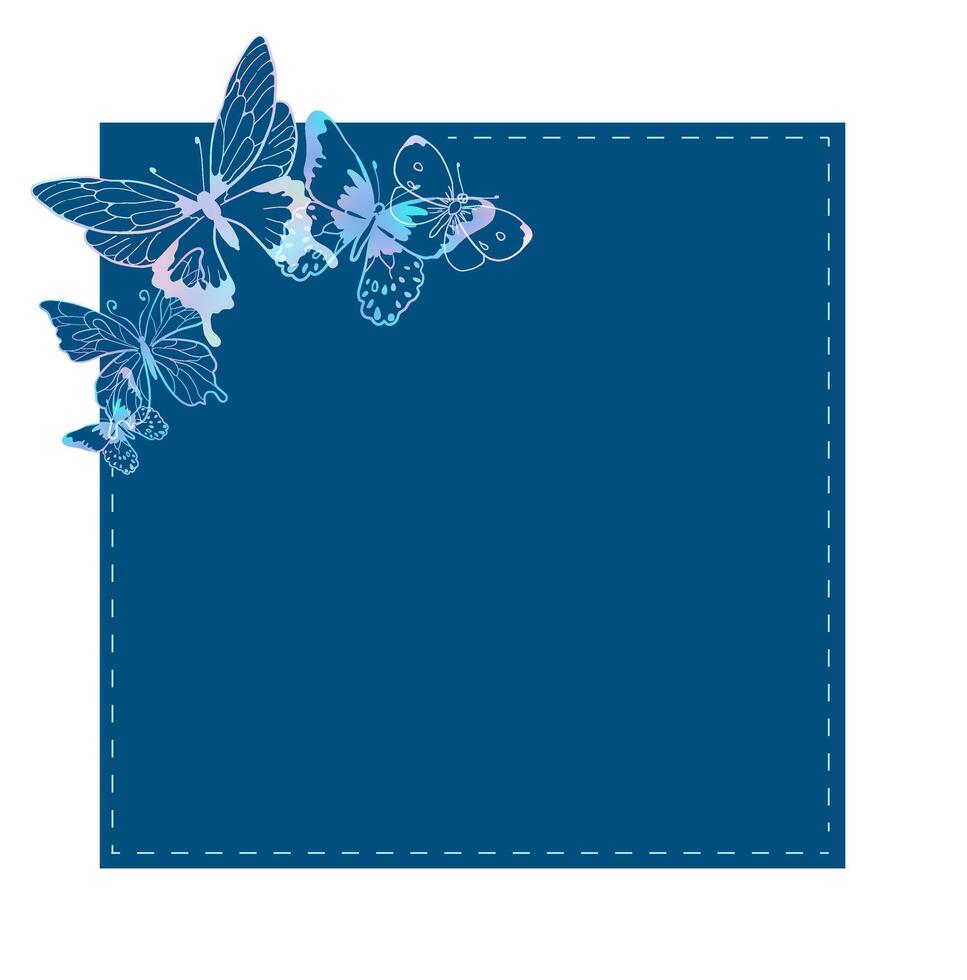 Note list canvas with Blue grid grunge texture, holographic silver decoration Butterflies on empty space. Isolated element on white background. for print and use scrapbooking item vector