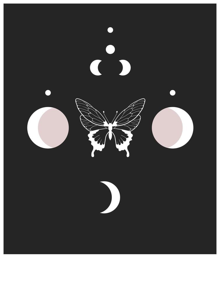 Banner Mystical moon phase and Butterfly, alchemy esoteric magic space, sacred wheel of the year, isolated on black background. Black poster with minimalistic style abstract trendy illustration vector