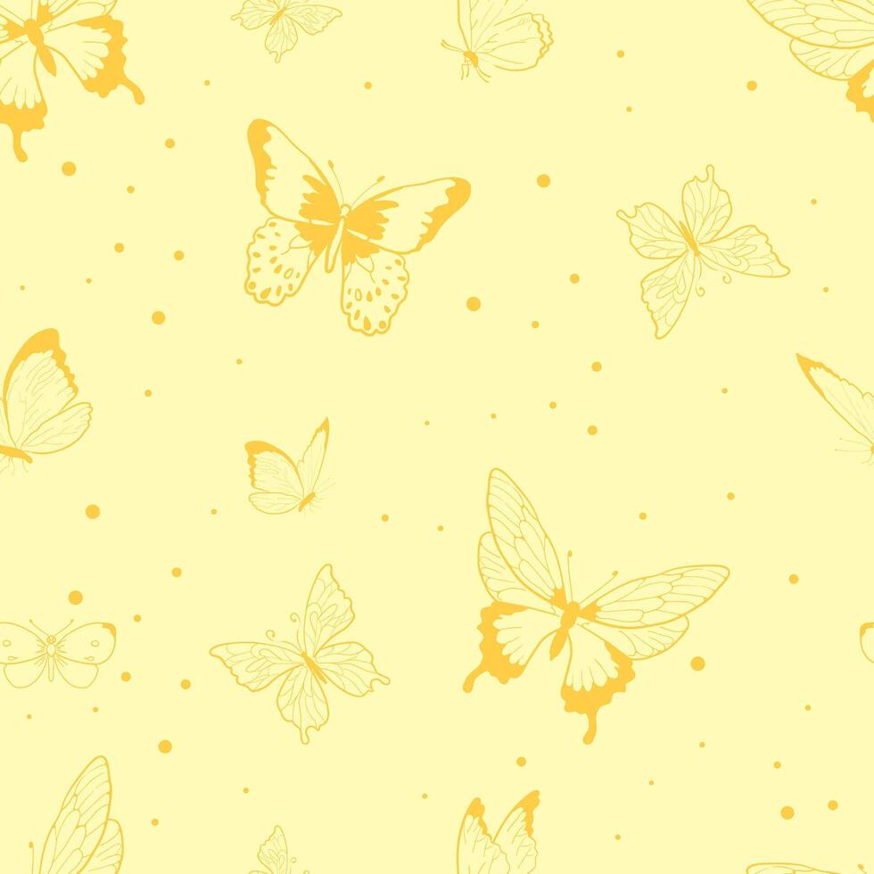 Seamless pattern with butterflies and yellow color. Endless print with for womens clothes, underwear, home decor, wallpaper or other using. illustration. vector