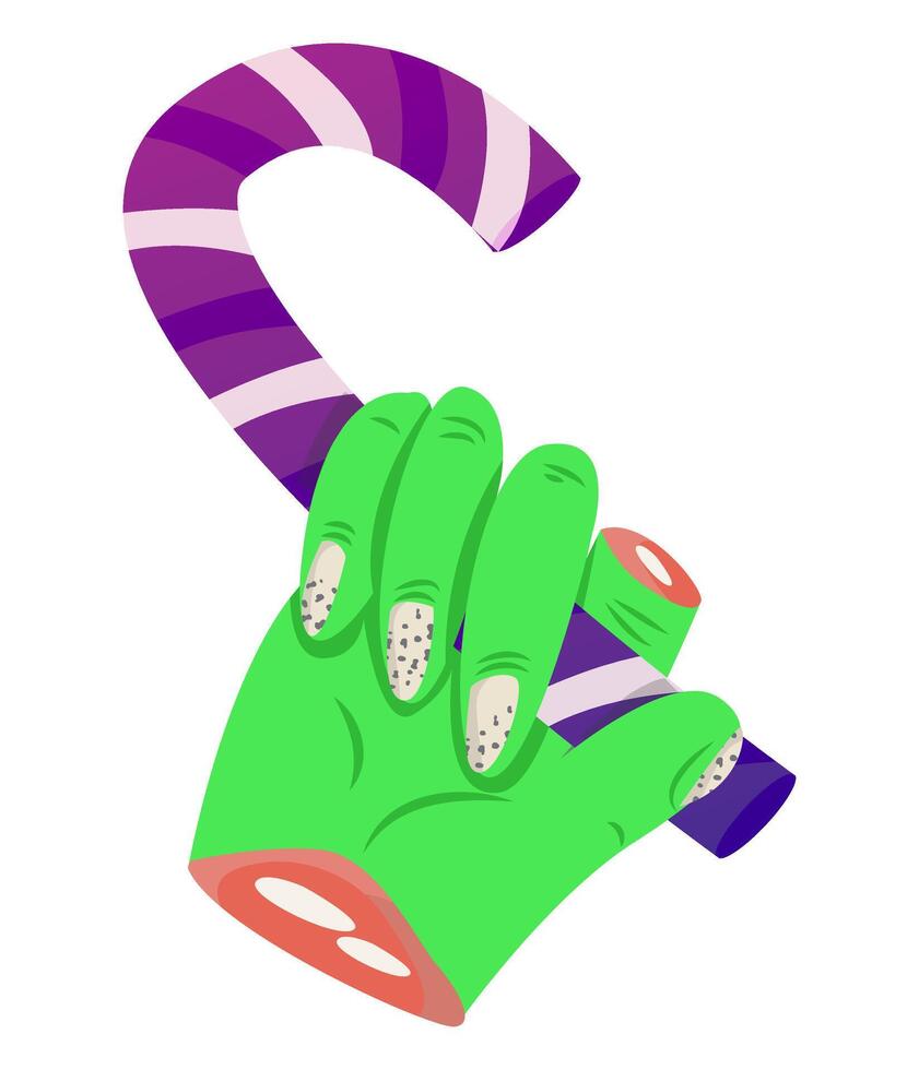 Zombie hand holding lollipop candy Halloween celebration. Trick or treat. Editable closeup clip art on white. Simple cartoon spot illustration for web graphic design vector