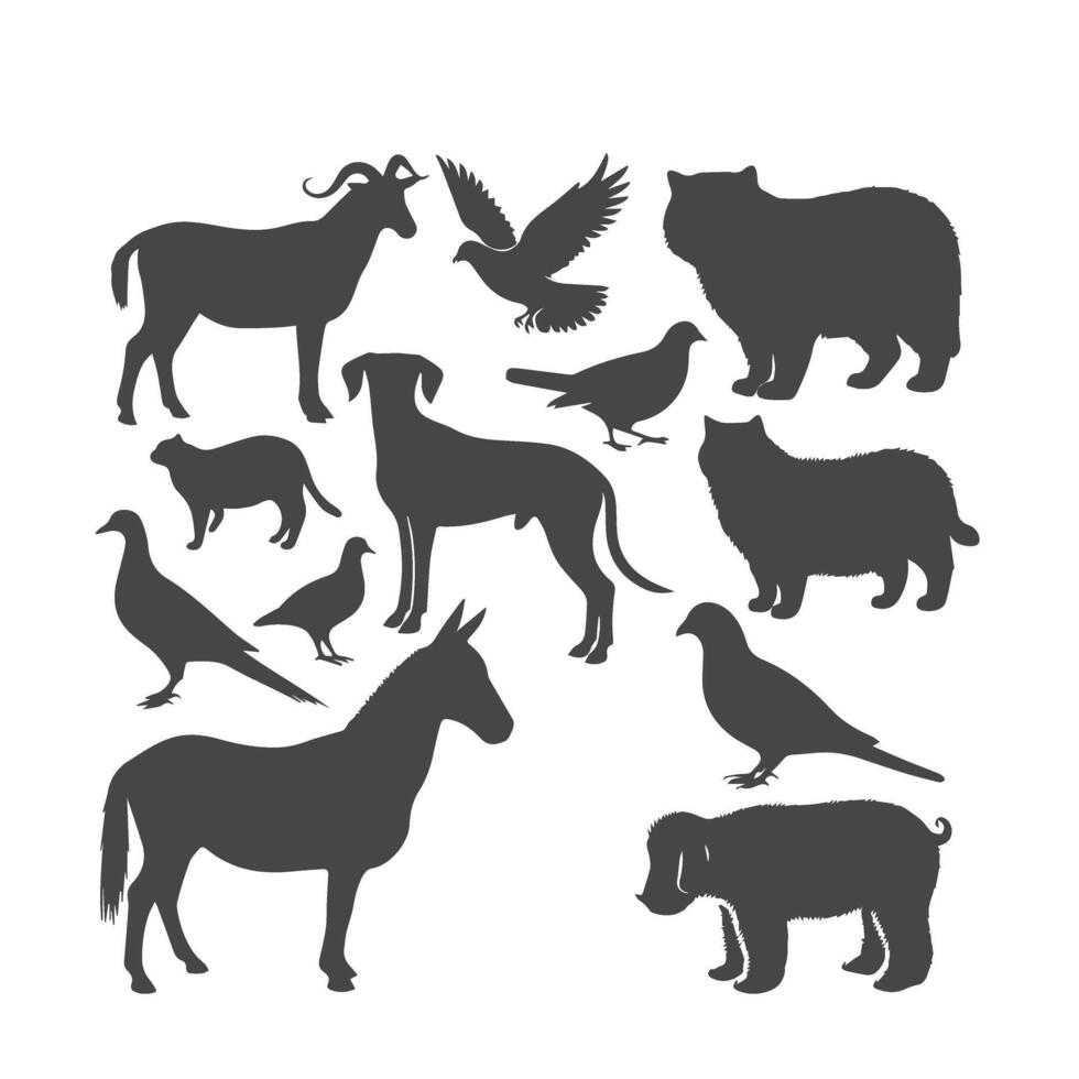 Domestic animal silhouette. cat, dog, cow, rabbit, goat, and other animal design illustration. vector