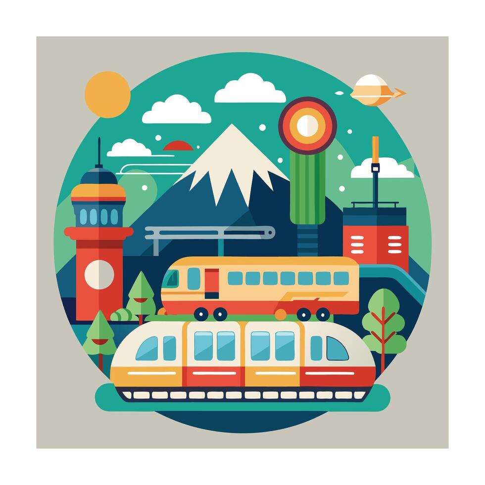 A colorful picture of a train illustration in the background vector