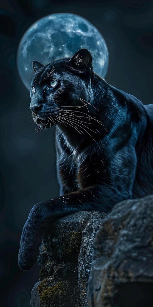 A black panther perched on a rocky ledge in the moonlight Image photo
