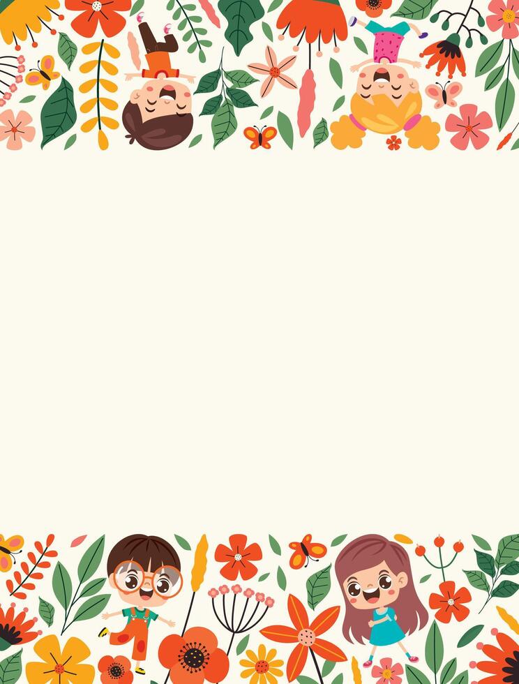 Template Design With Flowers And Kids vector