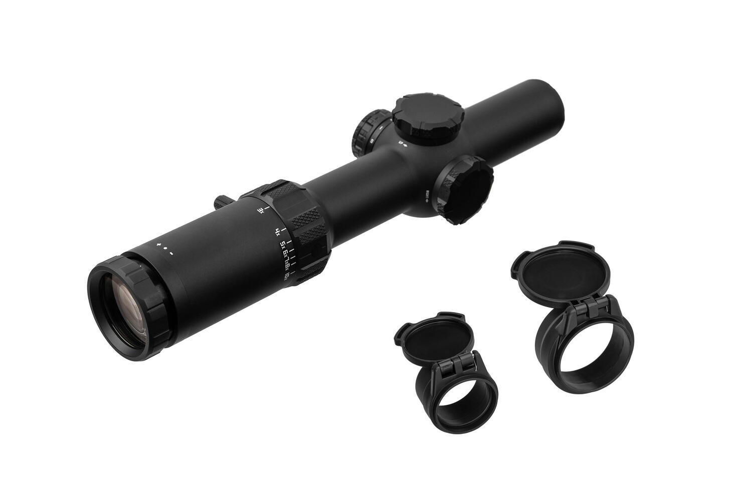 Modern sniper scope on a white back. Optical device for aiming and shooting at long distances. photo