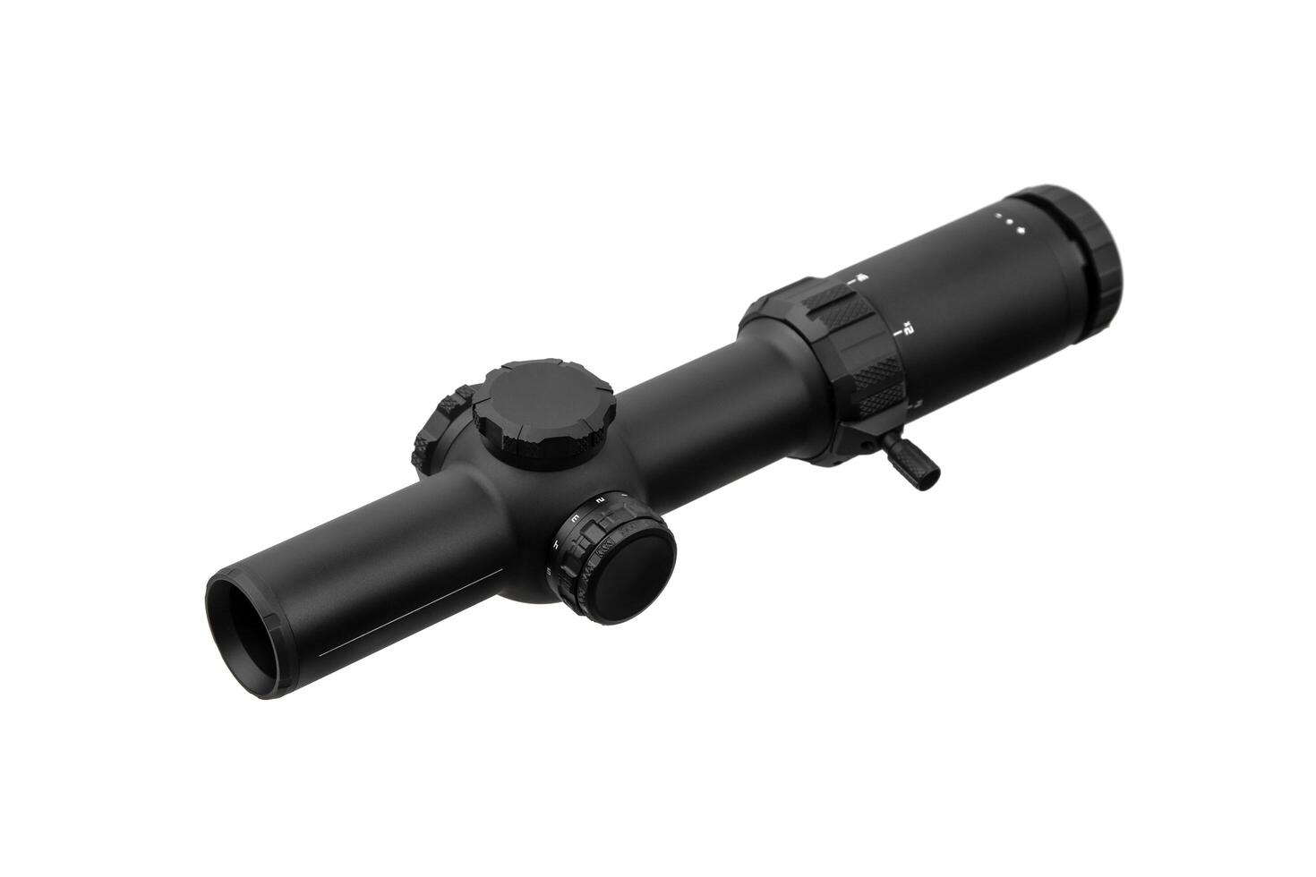 Modern sniper scope on a white back. Optical device for aiming and shooting at long distances. photo