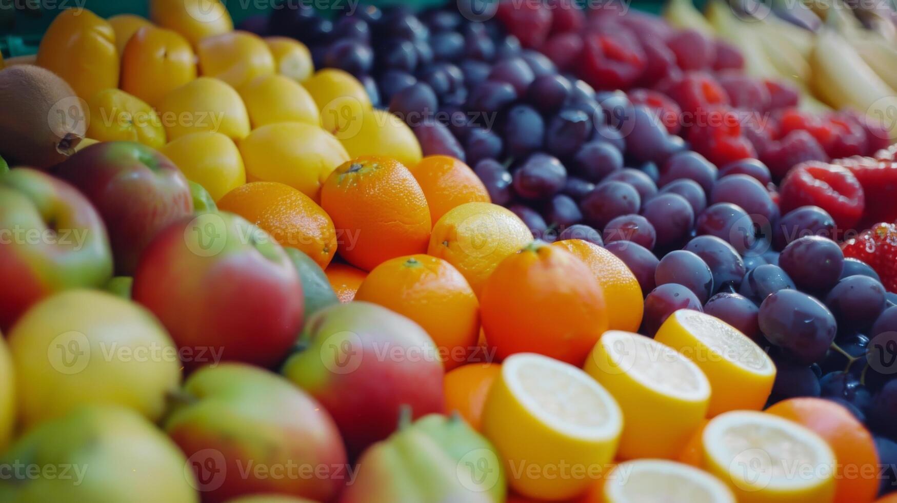 A vibrant lineup of fresh fruits, including grapefruit, oranges, limes, and berries photo