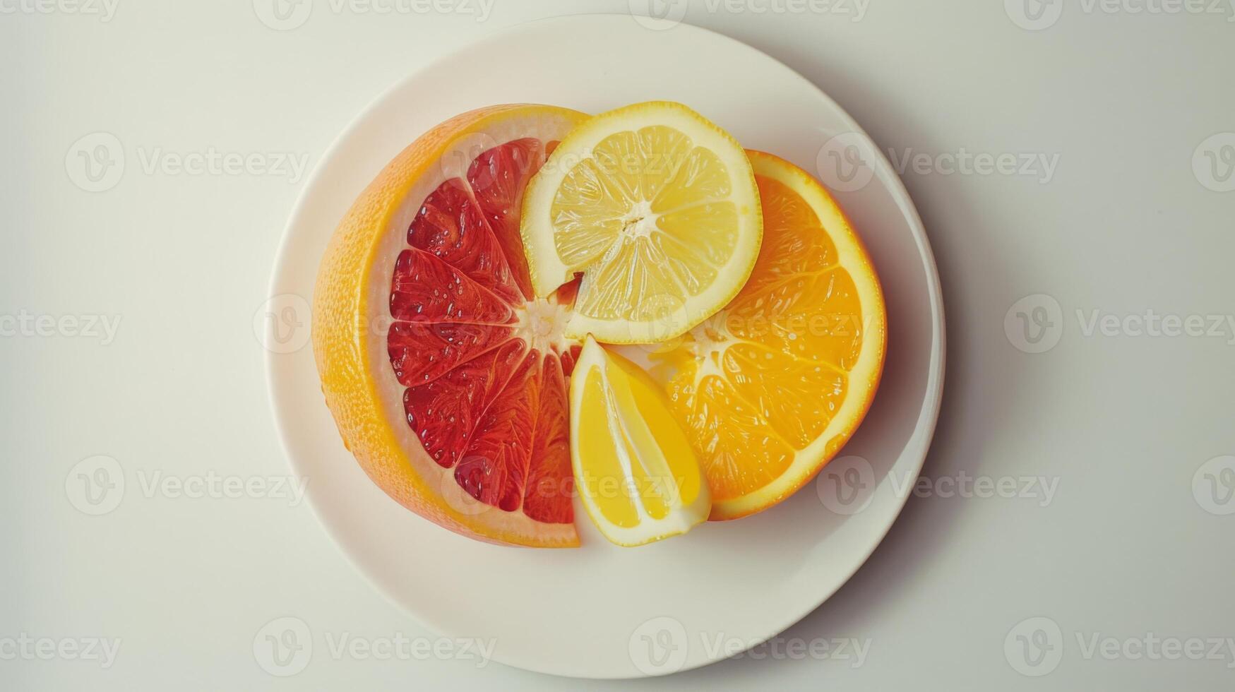 A vibrant lineup of fresh fruits, including grapefruit, oranges, limes, and berries photo