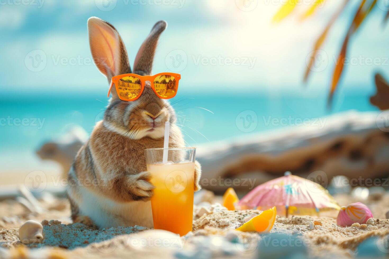 rabbit wearing sunglasses, casually enjoying a tropical drink on a sunny beach photo