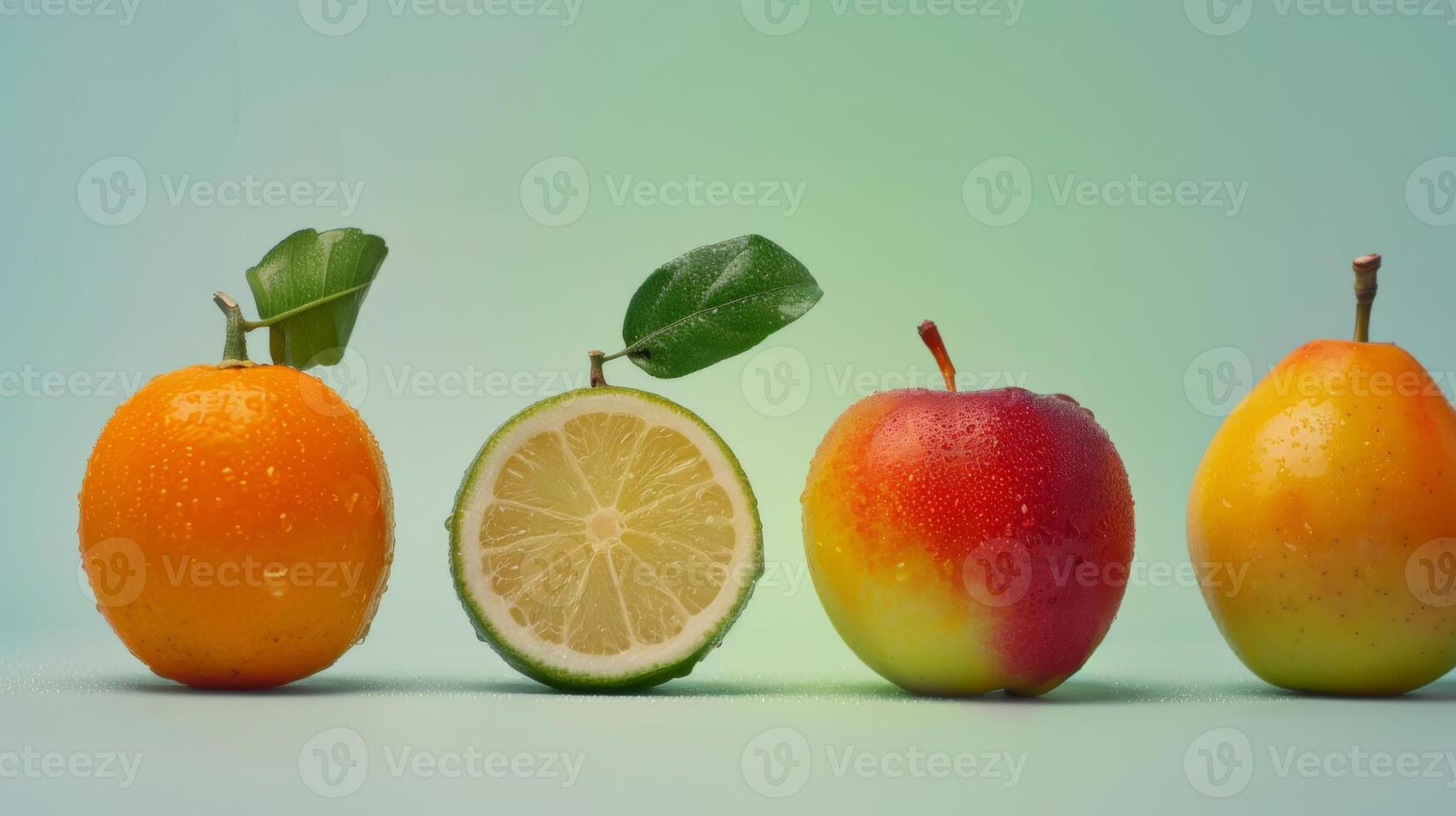 A vibrant lineup of fresh fruits, including grapefruit, oranges, limes, and berries photo