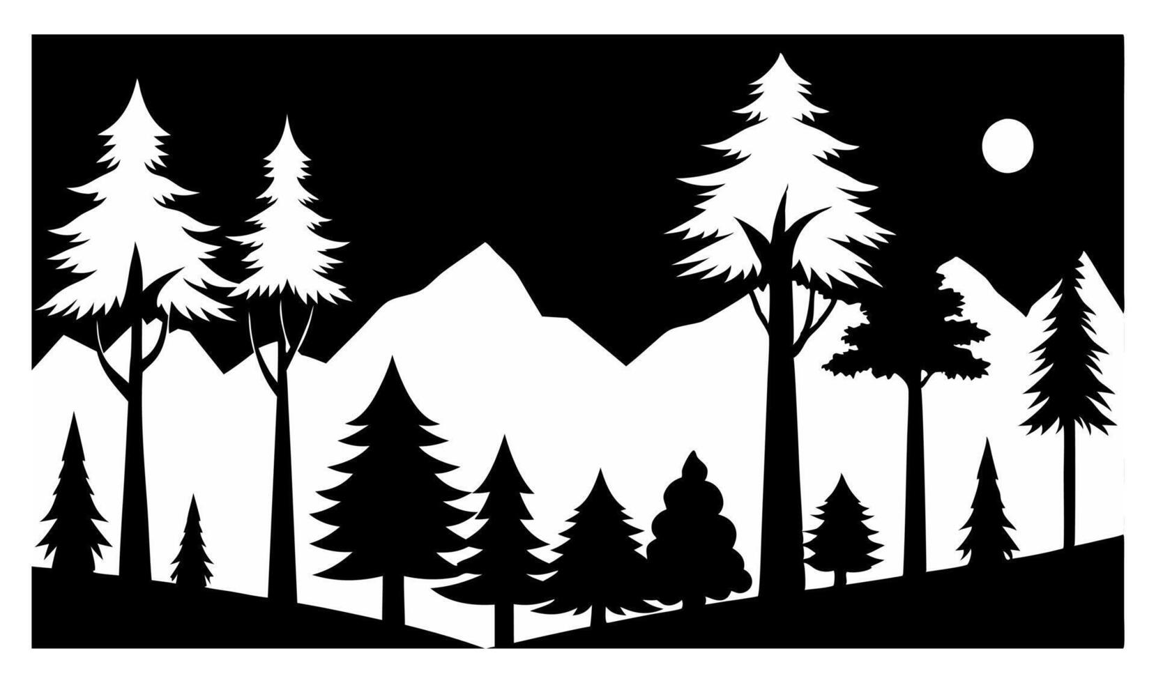 Black and white illustration of a forest with mountains in the background vector