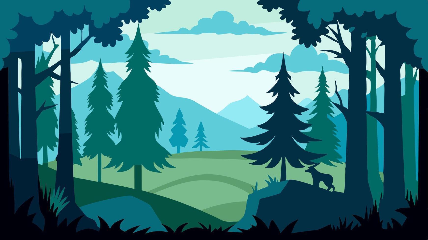 illustration of a dense green forest with tall trees, bushes, and mountains in the background vector