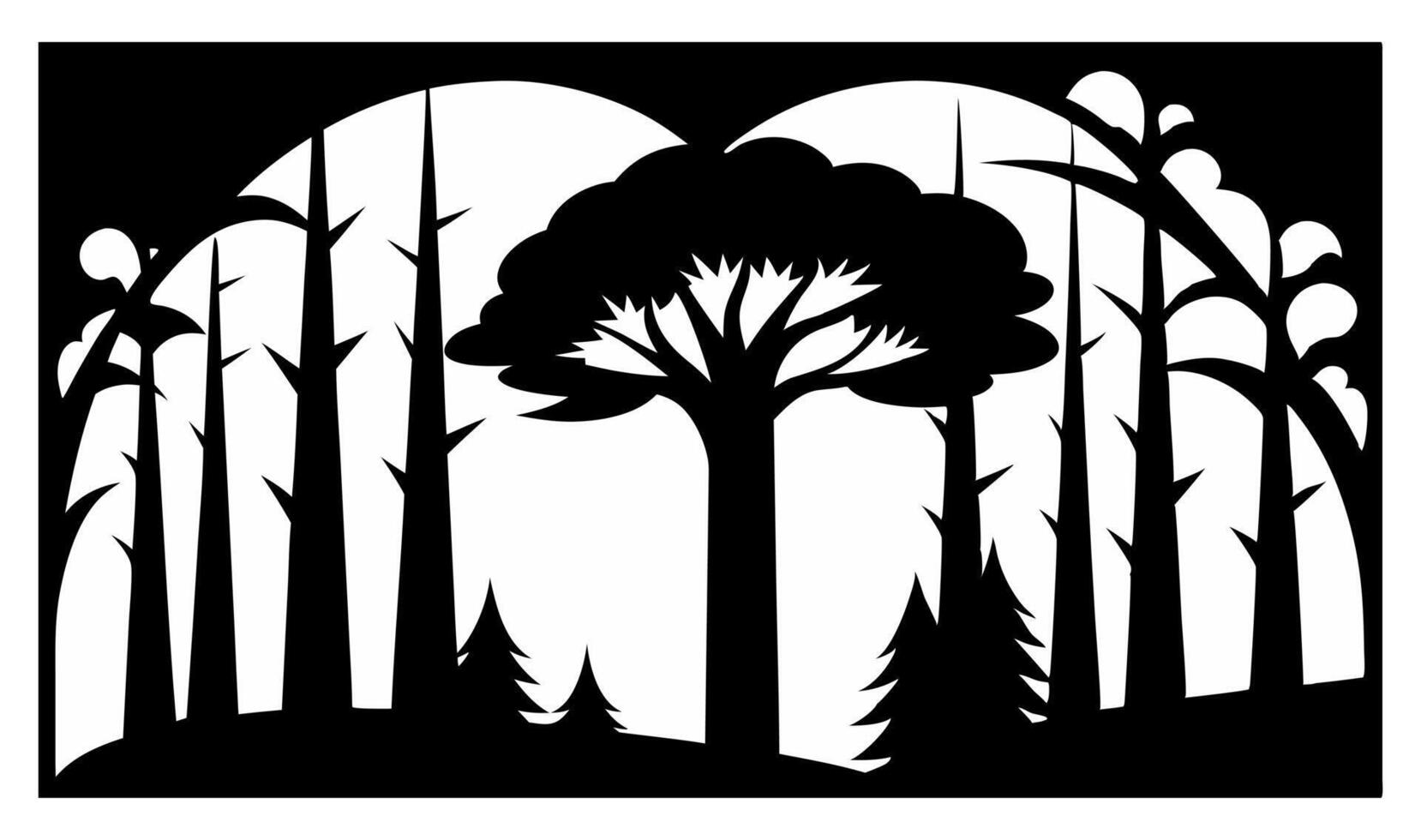 Black and white illustration of a forest with mountains in the background vector