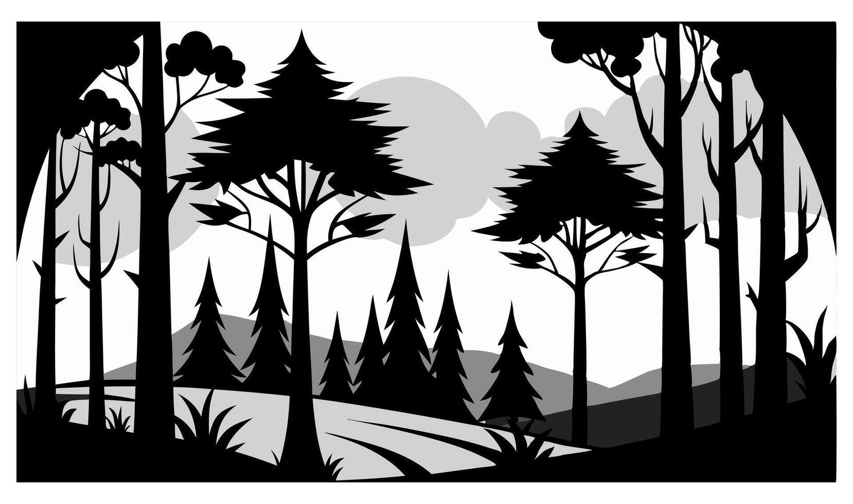 Black and white illustration of a forest with mountains in the background vector