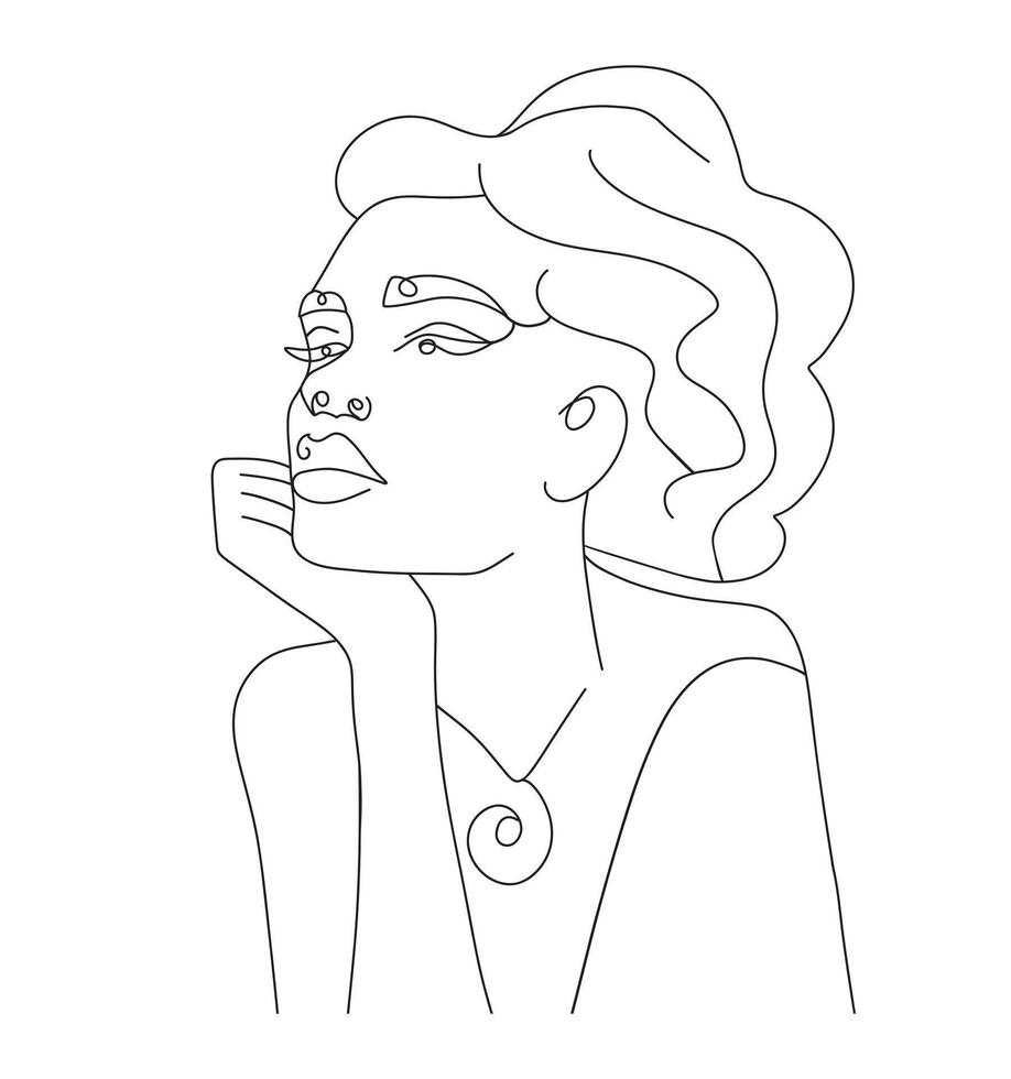 Modern one line woman portrait, illustration design. Continuous single line drawing. Minimalist simple style for decor, print, painting vector