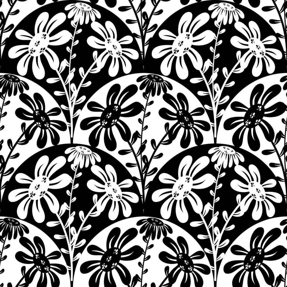 Black and white flowers with wave background seamless pattern vector