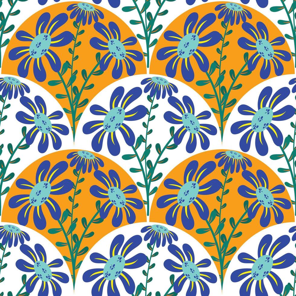 Blue flowers with wave seamless pattern for fabric background vector