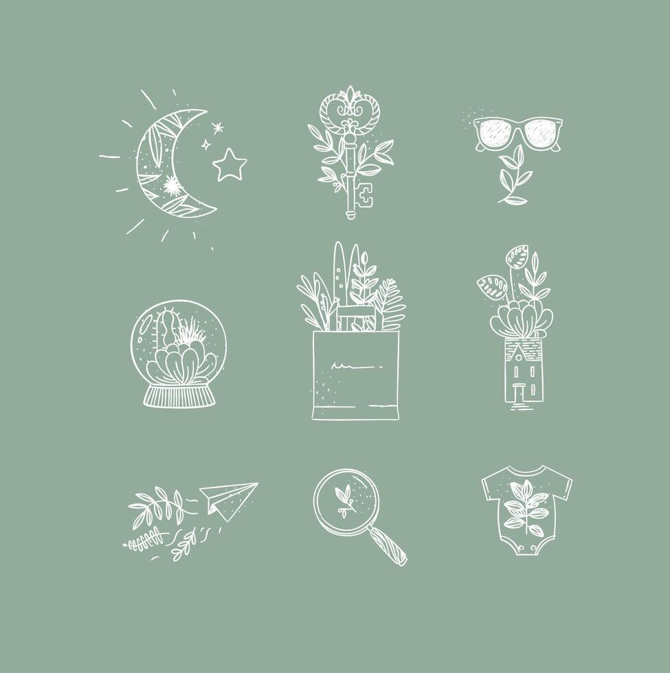 Set of nature icons in hand made line style moon, key, glasses, glass ball, grocery bag, house, paper plane, magnifier, baby clothes drawing on green background vector