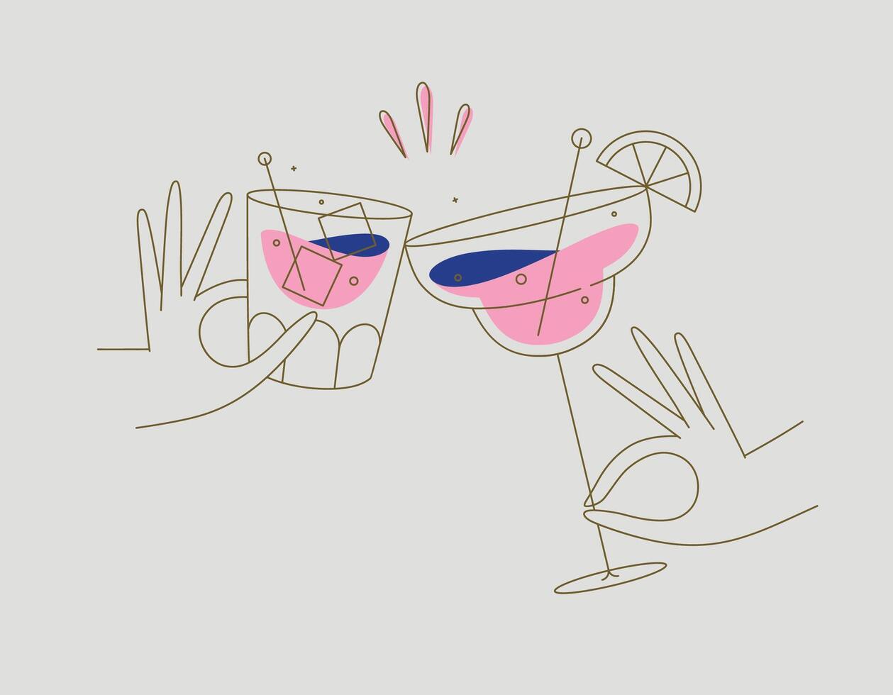 Hand holding whiskey and margarita cocktails clinking glasses drawing in flat line style on beige background vector