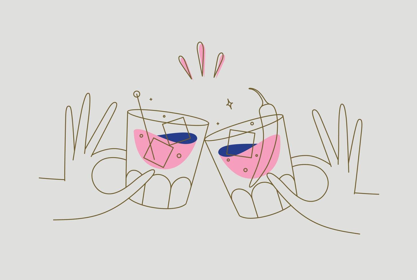 Hand holding whiskey and old fashioned cocktails clinking glasses drawing in flat line style on beige background vector