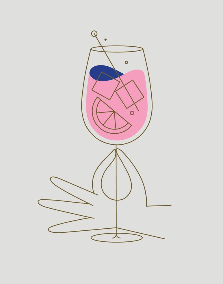 Hand holding glass of spritz cocktail drawing in flat line style on beige background vector