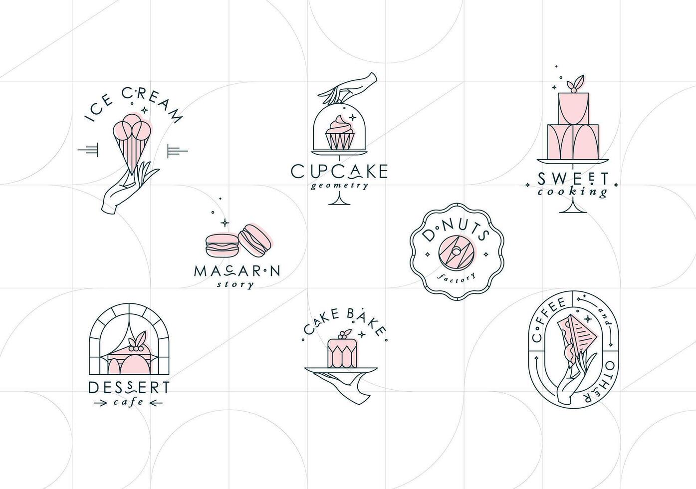 Bakery dessert labels with lettering in art deco style drawing on white background vector