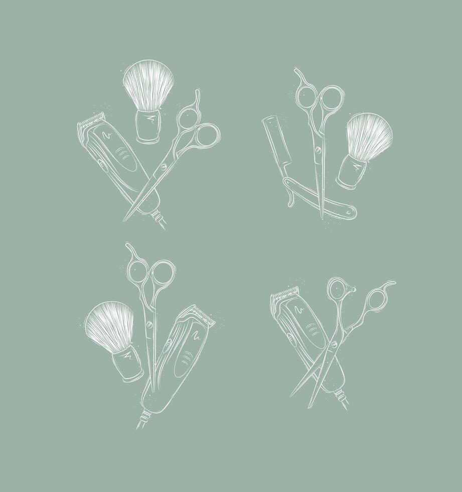 Barbershop haircut and shave collection with clipper, trimmer, blade, shaving brush, scissors, comb, straight razor, barber pole drawing on green background vector