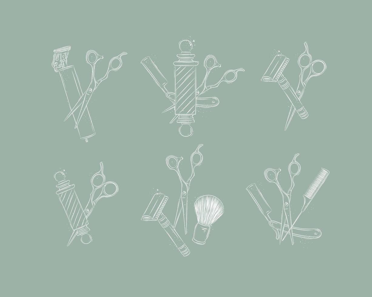 Barbershop shave collection with clipper, trimmer, blade, shaving brush, scissors, comb, straight razor, barber pole drawing on green background vector
