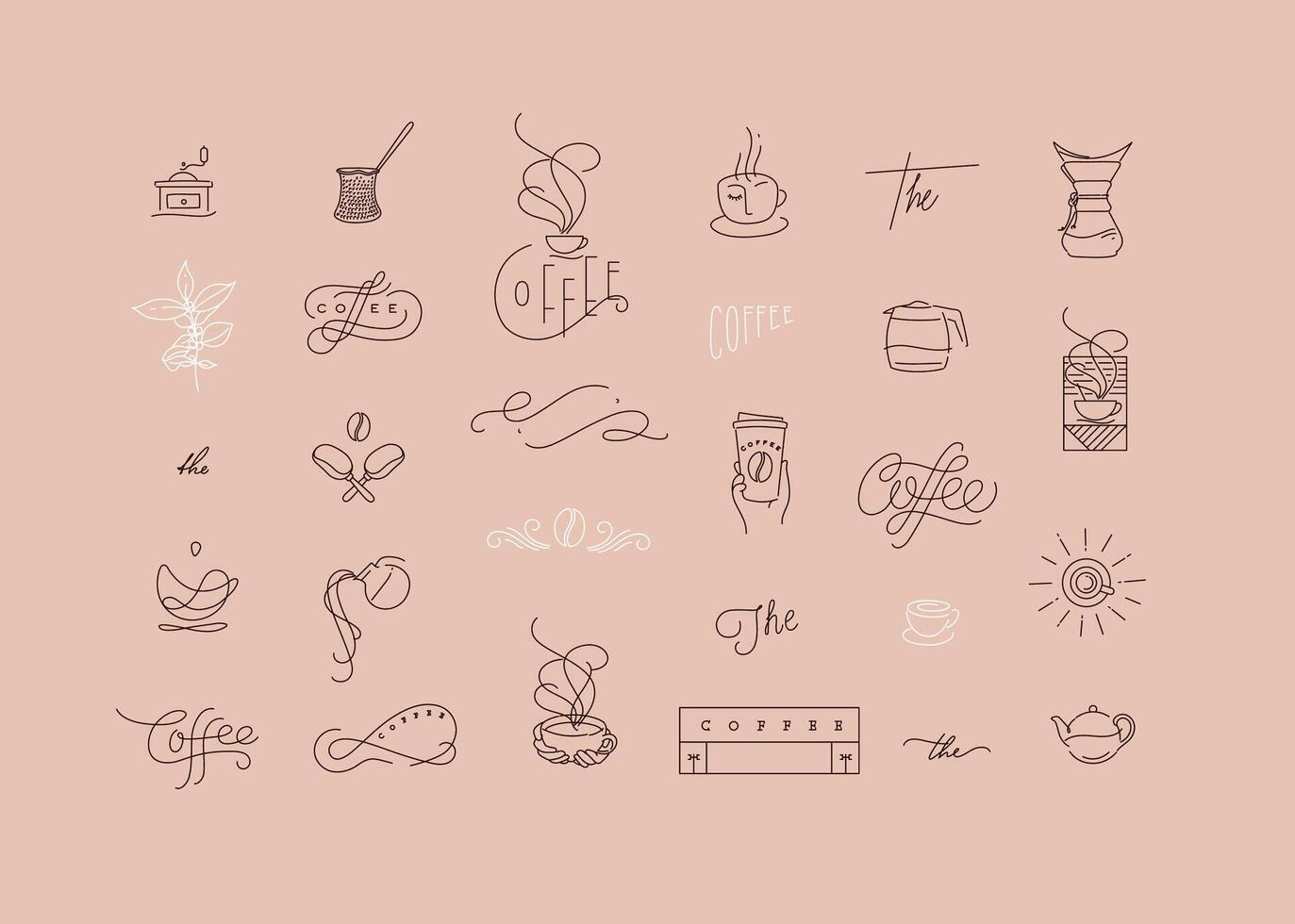 Set of minimalism modern coffee elements for your design drawing in flat line style on beige background vector