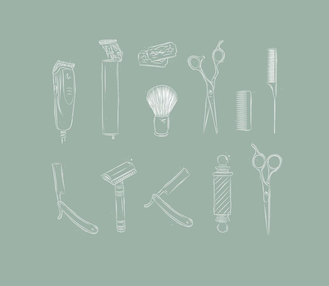 Barbershop collection with clipper, trimmer, blade, shaving brush, scissors, comb, straight razor, barber pole drawing on green background vector